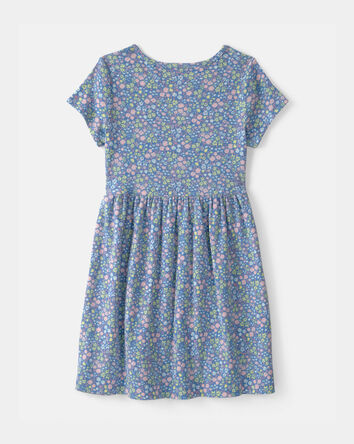 Girls Floral Rib Short-Sleeve Dress - Blue, 