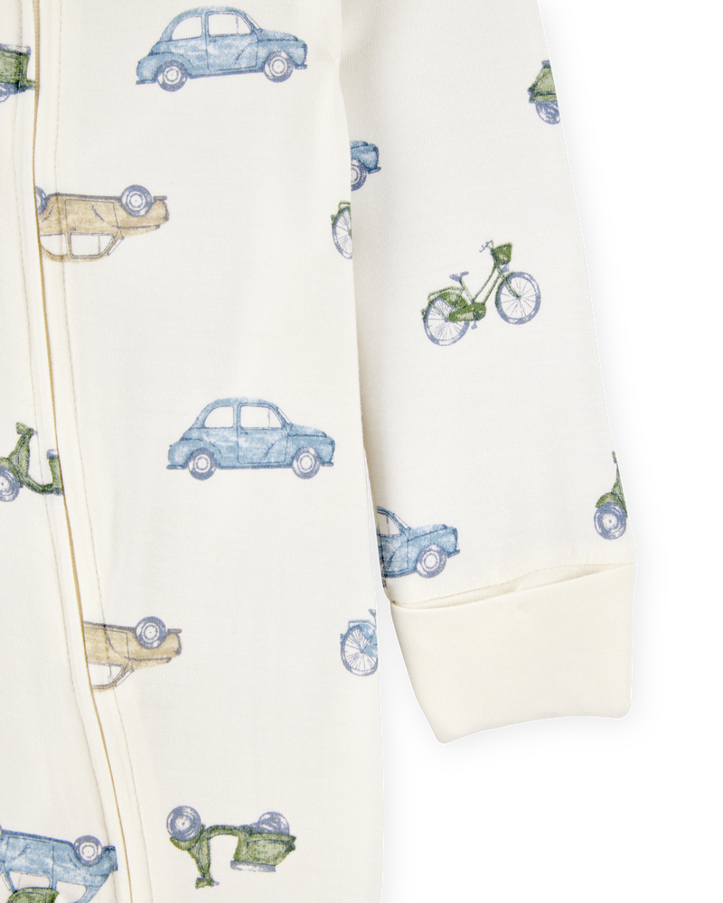 Baby Boy Car Print 2-Way Zip PurelySoft Sleep & Play Pajamas - Ivory, image 2 of 5 slides