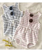 Baby Organic Cotton Pink Striped Bubble Romper, image 4 of 5 slides