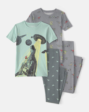 Boys Dinosaur 100% Cotton Snug Fit 4-Piece Pajama Set - Green/Grey, 