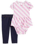Baby 2-Piece Striped Peplum Bodysuit Pant Set, image 1 of 3 slides