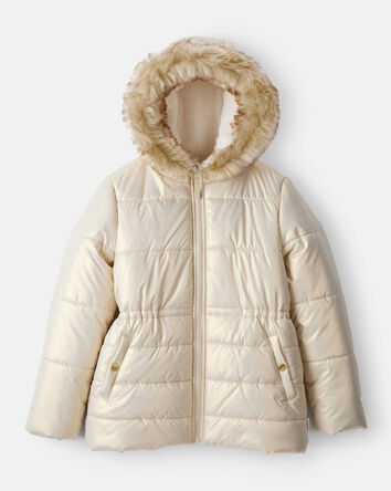 Girls Hooded Heavyweight Winter Jacket - Cream, 