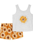 Yellow/Heather - Kid 2-Piece Sunflower Loose Fit Pajama Set