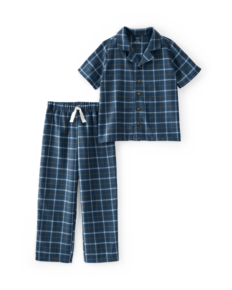 Kid 2-Piece Plaid Loose Fit Coat-Style Pajamas - Navy, image 1 of 4 slides