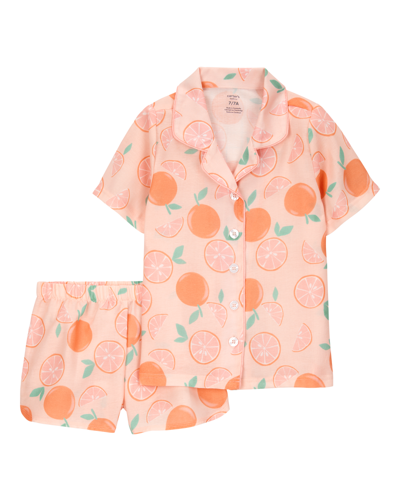 Girls Orange Print Loose Fit 2-Piece Pajamas - Orange, image 1 of 3 slides