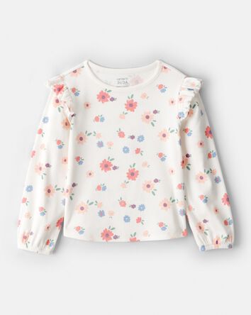 Toddler Girl Floral Cotton Ruffle Long-Sleeve Top - White, 