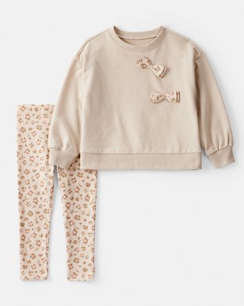 Toddler Girl Bow Floral French Terry Sweatshirt & Pant Set - Beige, 