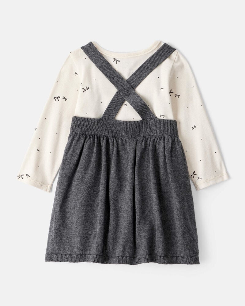 Baby Girl Bow Print Cotton Long-Sleeve Dress Set - Grey, image 2 of 7 slides