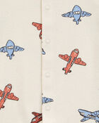 Baby Boy Airplane-Print Ribbed Short-Sleeve Romper - Cream, image 2 of 3 slides