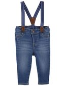 Blue - Baby Knit Denim Suspender Pants