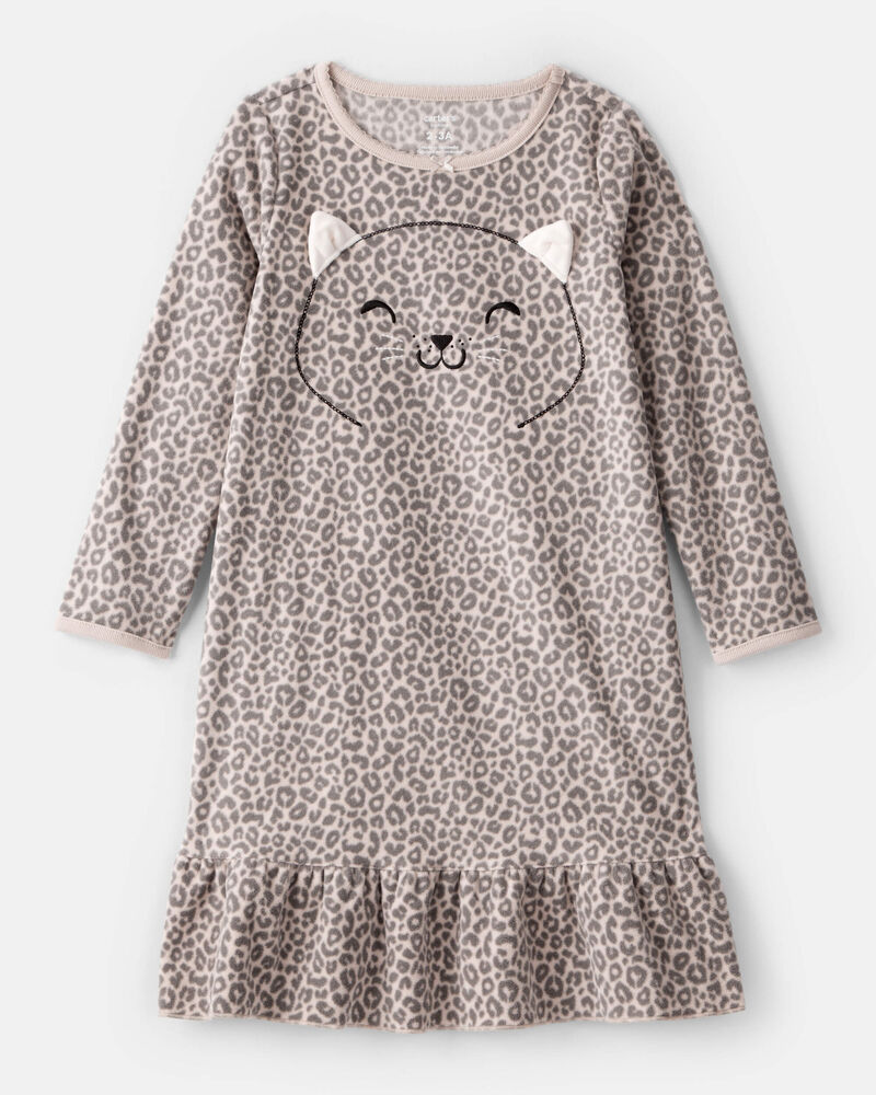 Girls Leopard Print Fleece Long-Sleeve Loose Fit Night Gown - Brown, image 1 of 3 slides