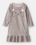 Girls Leopard Print Fleece Long-Sleeve Loose Fit Night Gown - Brown, image 1 of 3 slides