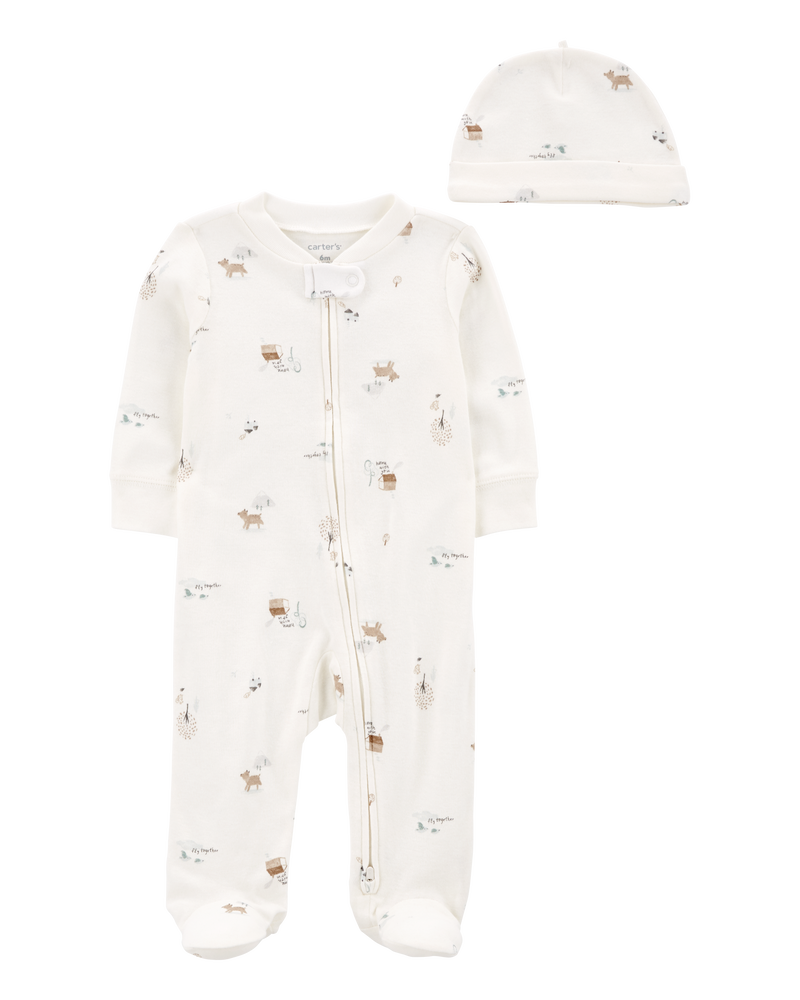 Baby 2-Piece 2-Way Zip Cotton Sleep & Play & Cap Set Pajamas, image 1 of 3 slides