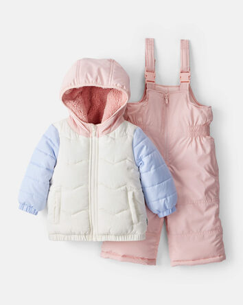 Baby Girl 2-Piece Color Block Hooded Snowsuit Jacket & Bib Set, 