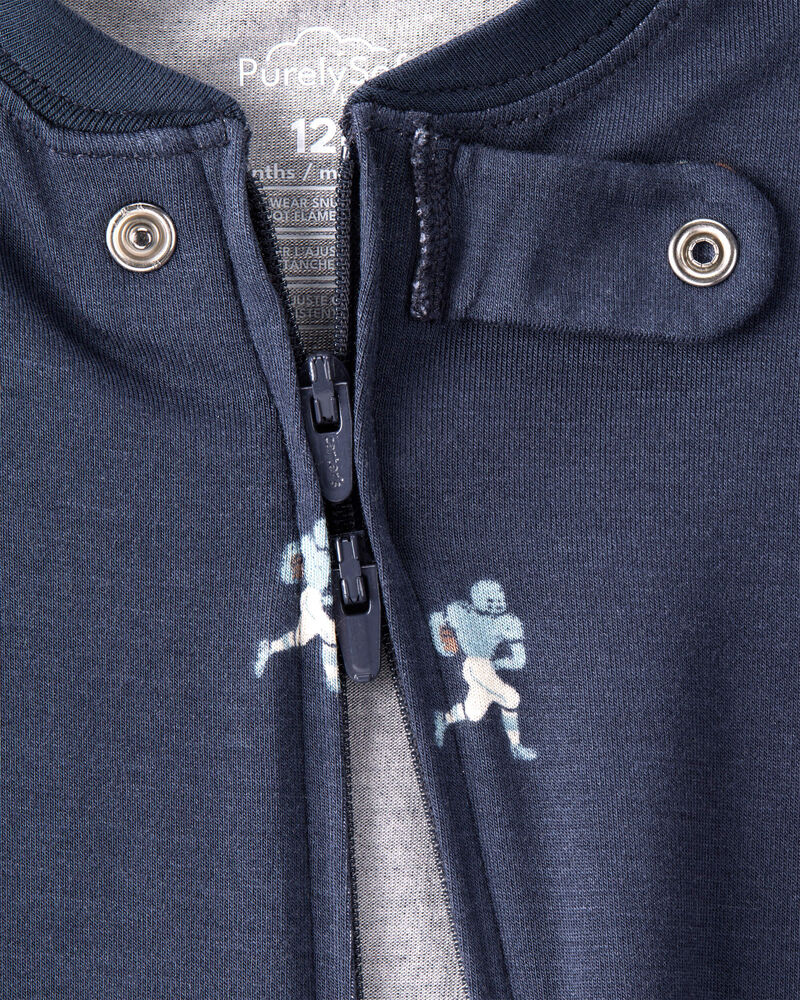 Baby Boy Football Print PurelySoft Long-Sleeve 2-Way Zip 1-Piece Pajamas - Navy Blue, image 2 of 6 slides