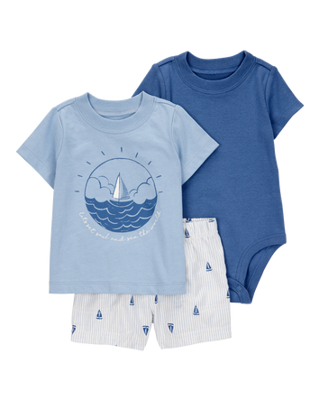 Baby Boy 3-Piece Sailboat Outfit Set - Blue, 