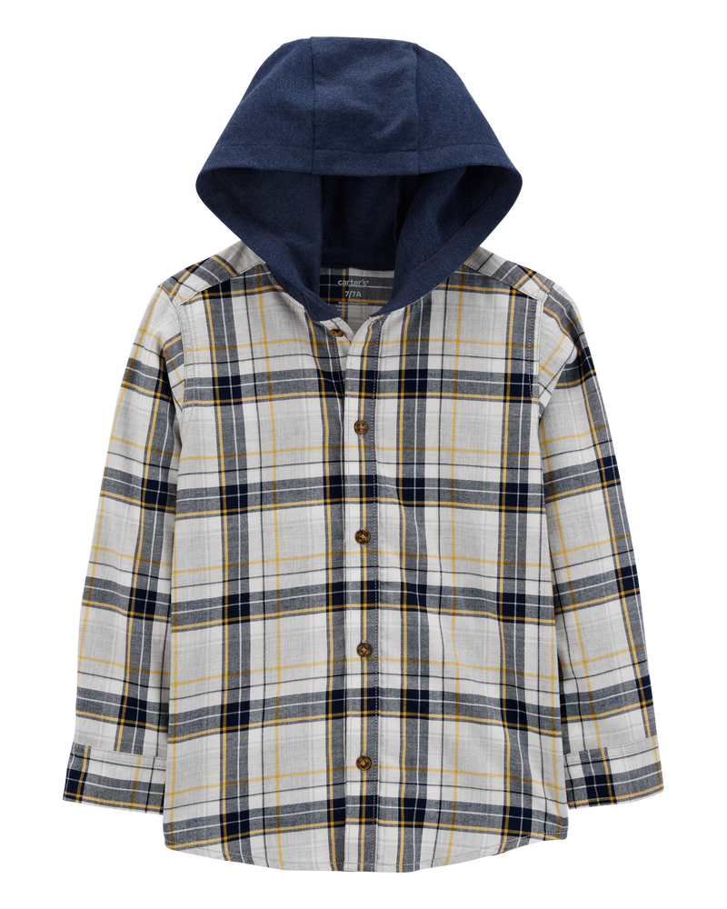 Kid Plaid Hooded Button-Down Shirt, image 2 of 4 slides