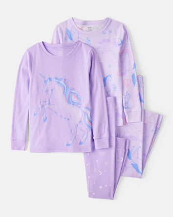 Girls Unicorn Print 100% Cotton Long-Sleeve 4-Piece Pajamas - Purple, 