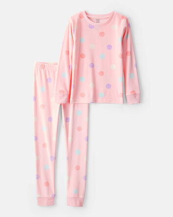 Girls Smiley Face Print Velour Long-Sleeve Loose Fit 2-Piece Pajamas - Pink, 