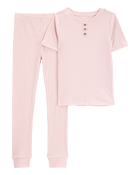 Kid Solid Ribbed Cotton Blend 2-Piece Pajamas - Pink, image 1 of 3 slides