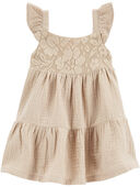 Tan - Baby Lace Tiered Flutter Dress