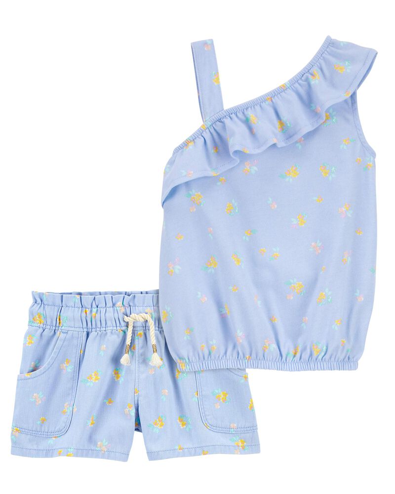 Baby 2-Piece Floral Print Asymmetrical Top & Paperbag Twill Shorts Set, image 1 of 4 slides