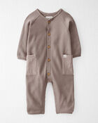 Baby Waffle Knit Button-Front Jumpsuit Made with Organic Cotton in Taupe, image 1 of 4 slides