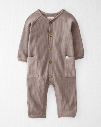 Baby Waffle Knit Button-Front Jumpsuit Made with Organic Cotton in Taupe, 