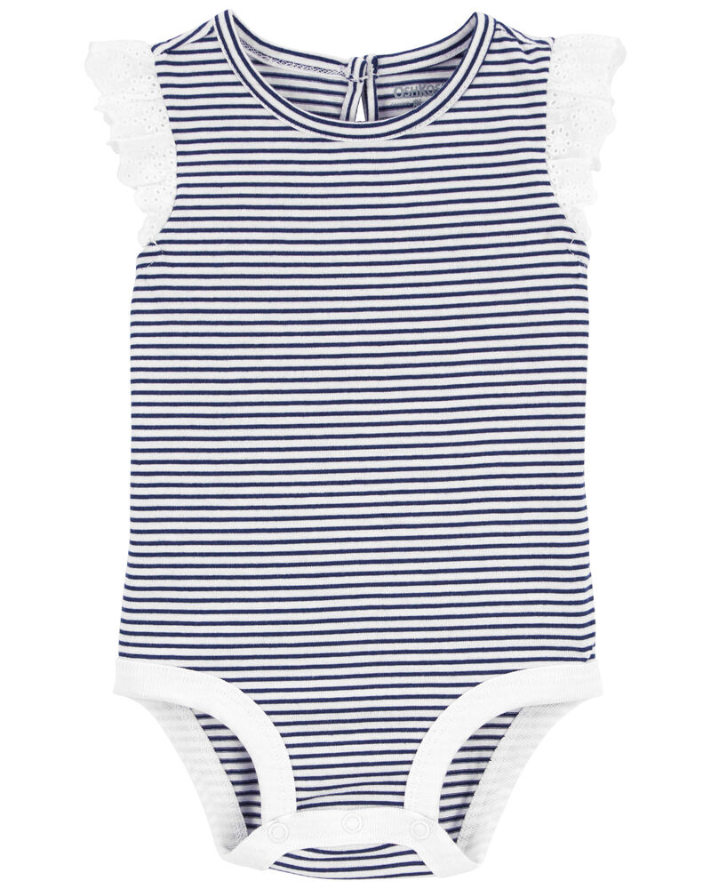 Baby 2-Piece Striped Eyelet Ruffle Bodysuit & Denim Jumper Dress Set, image 2 of 5 slides
