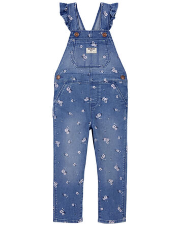 Toddler Floral Print Ruffle Stretch Denim Overalls, 