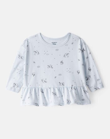 Baby Girl Unicorn Print Long-Sleeve Top - Blue, 