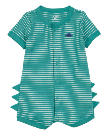 Baby Boy Dinosaur Striped Cotton Short-Sleeve Romper - Green, 
