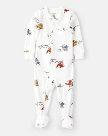 Baby Boy Helicopter Print DreamPlush Snug Fit Long-Sleeve 2-Way Zip 1-Piece Pajamas - White, 