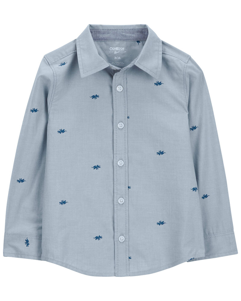 Dinosaur Print Long-Sleeve Button-Down Shirt - Blue, image 1 of 3 slides