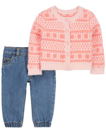 Baby Sweater Knit Cardigan & Denim Jeans Set, 