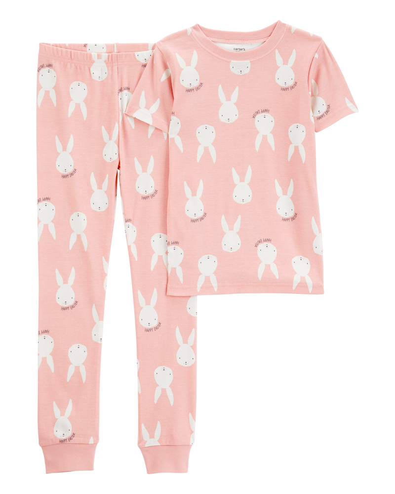 Girls Bunny Print Easter Snug Fit Cotton 2-Piece Pajamas - Pink, image 1 of 3 slides