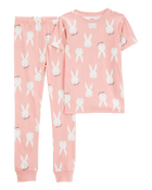 Girls Bunny Print Easter Snug Fit Cotton 2-Piece Pajamas - Pink, image 1 of 3 slides