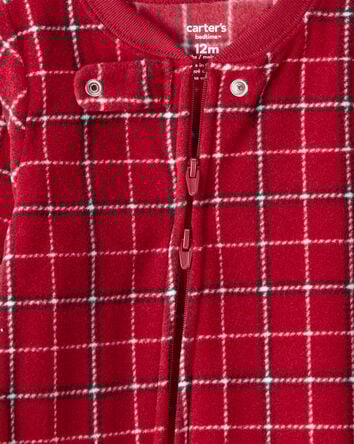 Toddler Boy Plaid Print Fleece Long-Sleeve Loose Fit 1-Piece Pajamas - Red, 