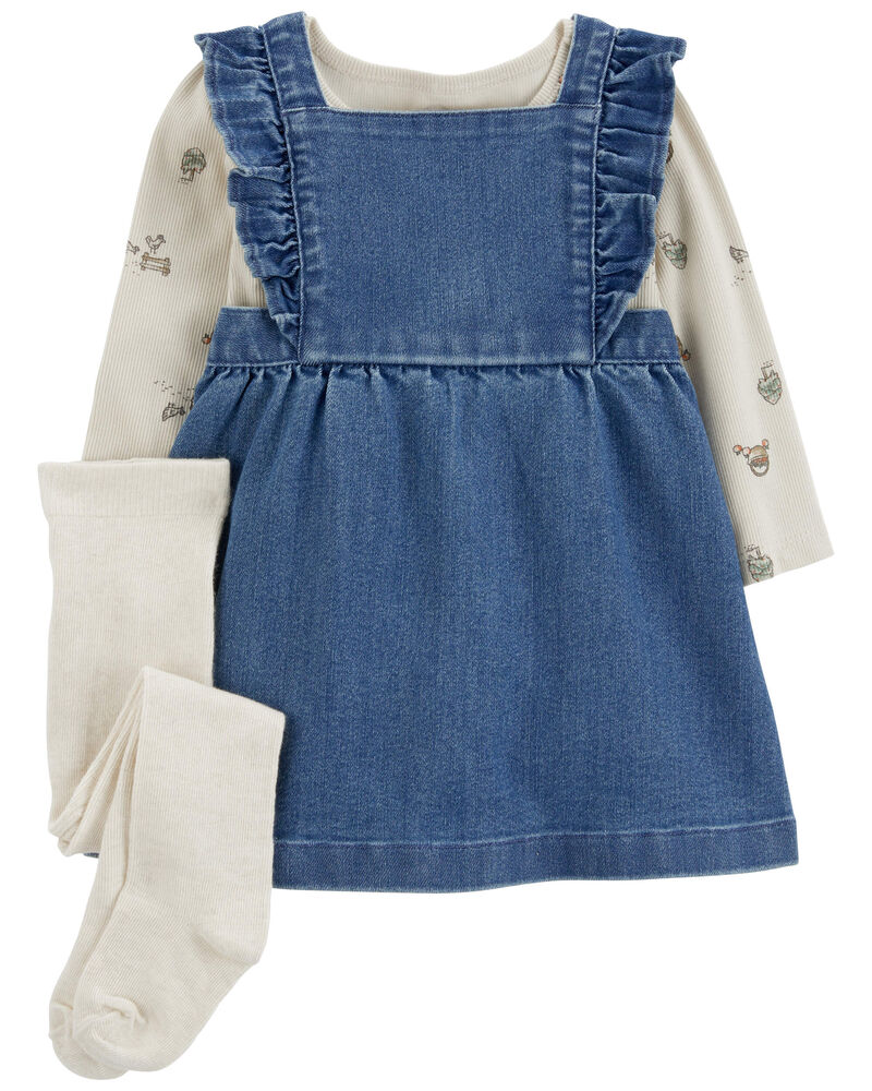 Baby 3-Piece Bodysuit & Denim Jumper Set, image 1 of 6 slides