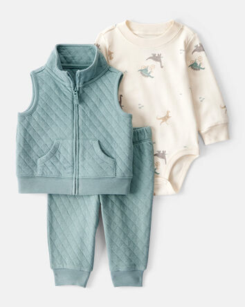Baby 3-Piece Quilted Dinosaur Little Vest Set - Green/Ivory, 