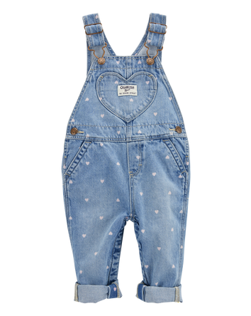 Baby Heart-Print Knit Denim Overalls - Blue, 