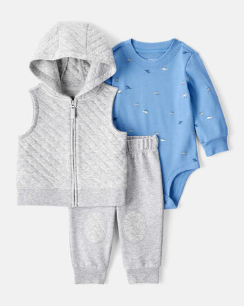 Baby Boy 3-Piece Helicopter Print Long-Sleeve Tee & Pant Set - Grey, 