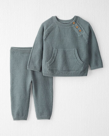 Baby Organic Cotton Sweater Knit Pullover Set in Aqua Slate, 