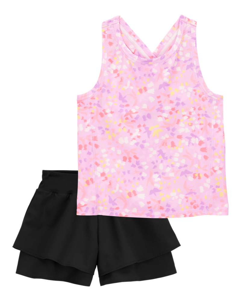 Kid 2-Piece Floral Active Racerback Tank & Flowy Layered Flip Short Set - Pink/Black, image 1 of 8 slides