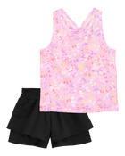 Kid 2-Piece Floral Active Racerback Tank & Flowy Layered Flip Short Set - Pink/Black, image 1 of 8 slides