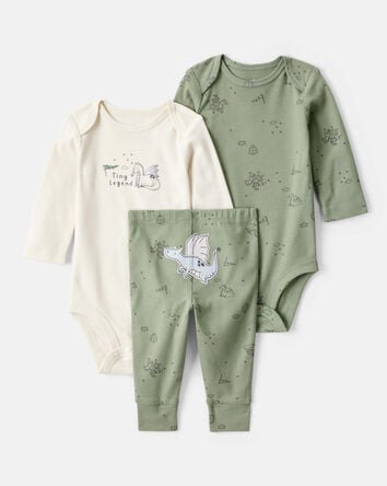 Baby Boy Dragon Print Cotton Long-Sleeve Bodysuit & Pant Set - Green/White, 