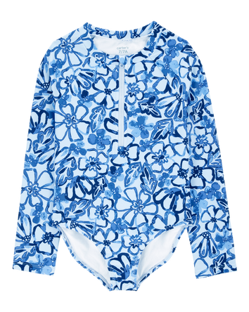 Kid 1- Piece Floral Long-Sleeve Rashguard Swimsuit - Blue, 