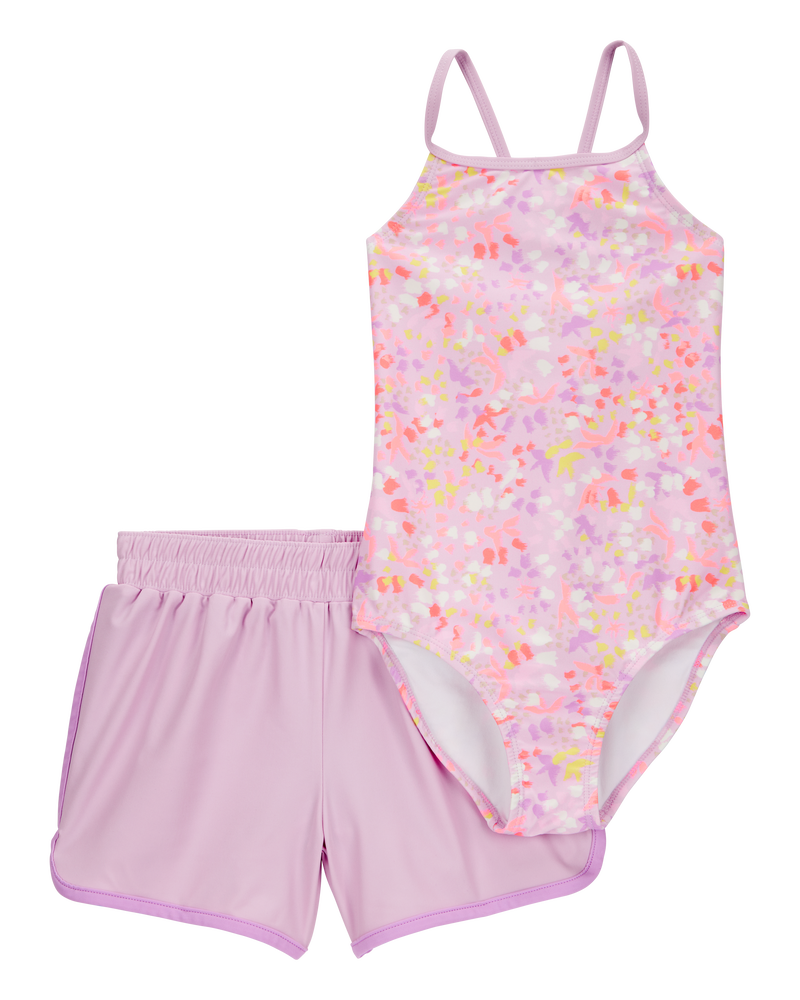 Girls 2-Piece Printed 1-Piece Swimsuit & Short Set, image 1 of 5 slides