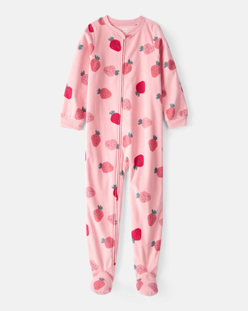 Kid 1-Piece Strawberry Fleece Footie Pajamas - Pink, image 1 of 3 slides