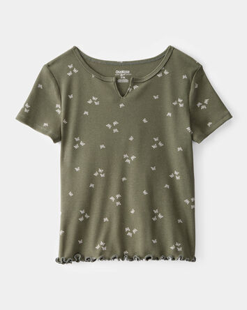 Kid Butterfly Print Ribbed Short-Sleeve Shirt - Olive, 